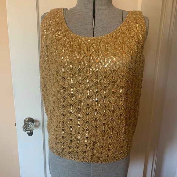 roos atkins california Sweaters - Vtg‎ 60s Gold Sequin Knit Lace Sweater Vest Wool Hand Beaded Holiday Mod sz 40